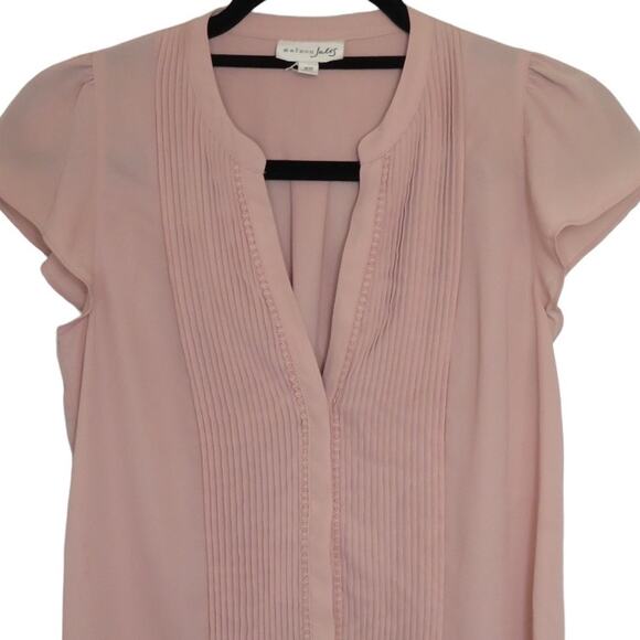 Maison Jules Short Sleeve Top Button Front V-Neck Blouse Pink Size XS - Picture 3 of 9